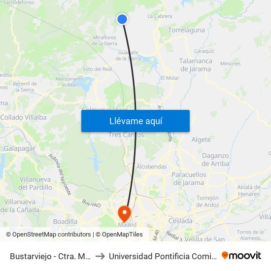 Bustarviejo - Ctra. Miraflores to Universidad Pontificia Comillas - Icade map