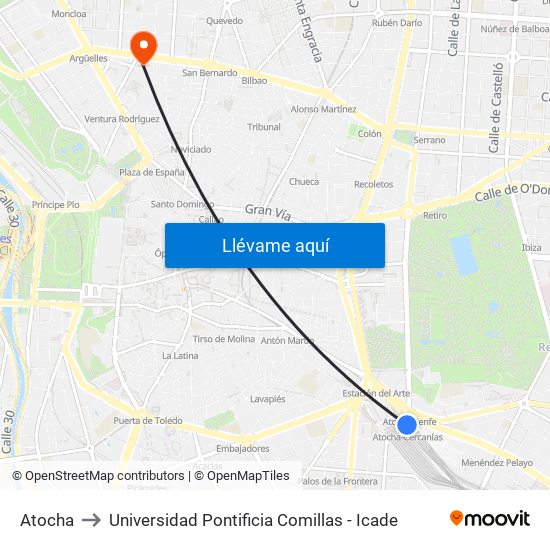 Atocha to Universidad Pontificia Comillas - Icade map