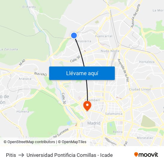 Pitis to Universidad Pontificia Comillas - Icade map