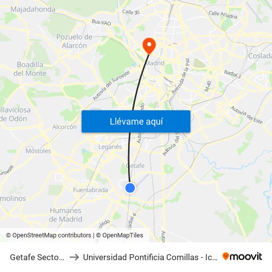 Getafe Sector 3 to Universidad Pontificia Comillas - Icade map