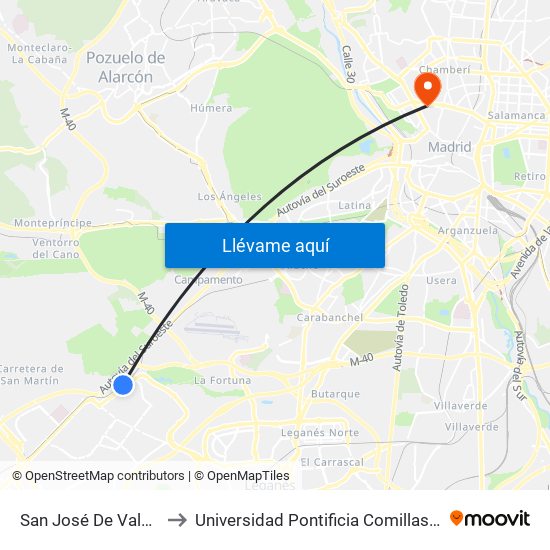 San José De Valderas to Universidad Pontificia Comillas - Icade map