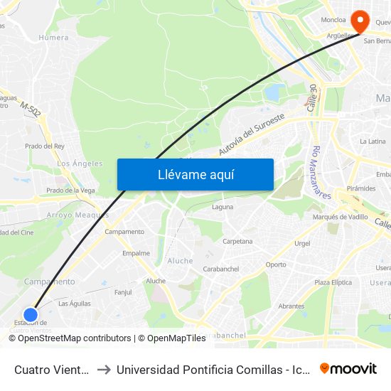 Cuatro Vientos to Universidad Pontificia Comillas - Icade map