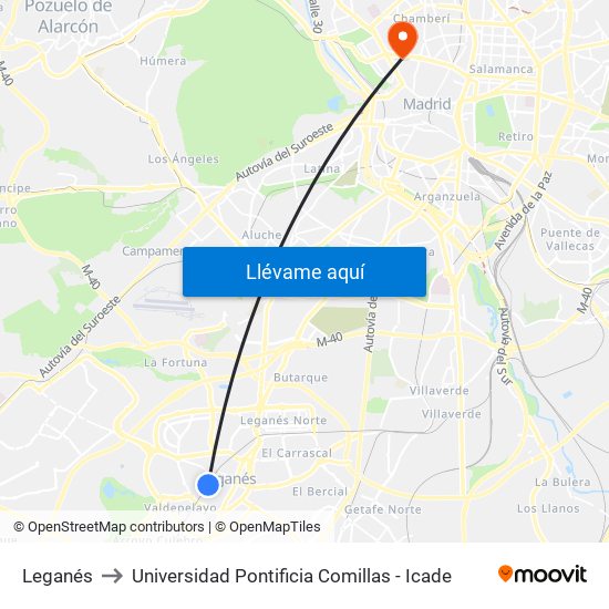 Leganés to Universidad Pontificia Comillas - Icade map