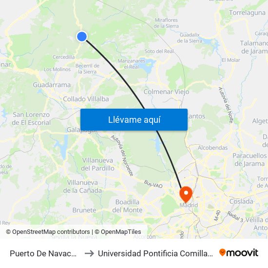 Puerto De Navacerrada to Universidad Pontificia Comillas - Icade map