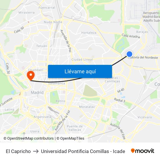 El Capricho to Universidad Pontificia Comillas - Icade map