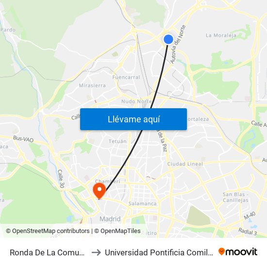 Ronda De La Comunicación to Universidad Pontificia Comillas - Icade map