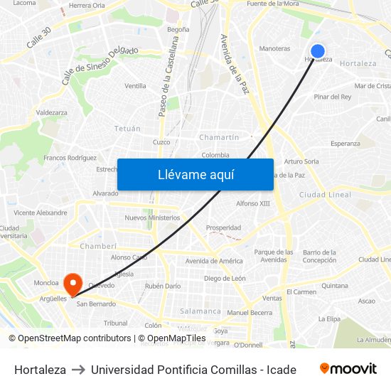 Hortaleza to Universidad Pontificia Comillas - Icade map