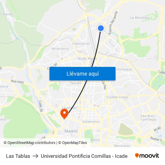 Las Tablas to Universidad Pontificia Comillas - Icade map