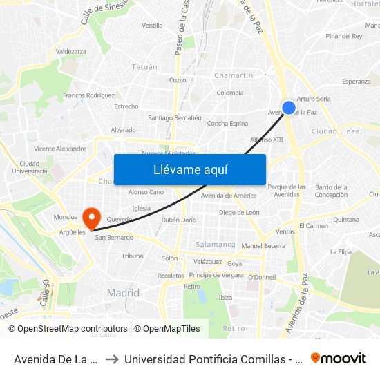 Avenida De La Paz to Universidad Pontificia Comillas - Icade map