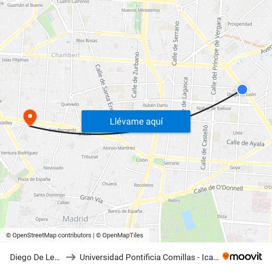 Diego De León to Universidad Pontificia Comillas - Icade map