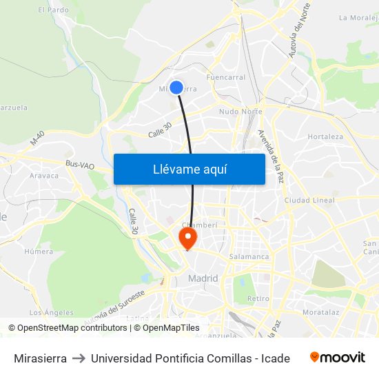 Mirasierra to Universidad Pontificia Comillas - Icade map