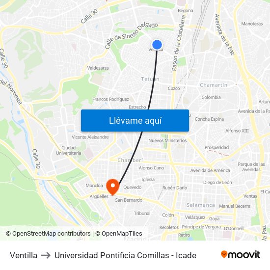 Ventilla to Universidad Pontificia Comillas - Icade map