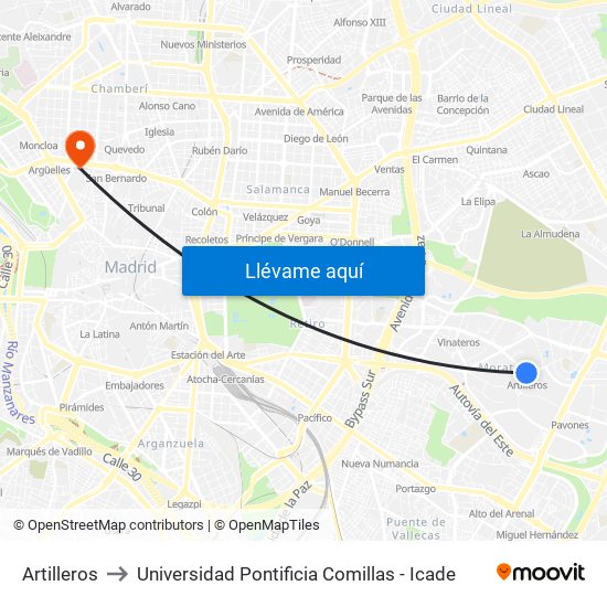 Artilleros to Universidad Pontificia Comillas - Icade map