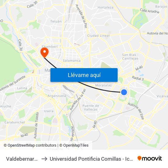 Valdebernardo to Universidad Pontificia Comillas - Icade map