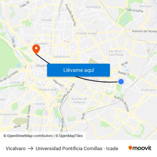 Vicálvaro to Universidad Pontificia Comillas - Icade map
