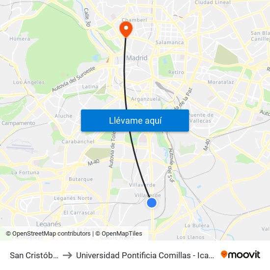San Cristóbal to Universidad Pontificia Comillas - Icade map