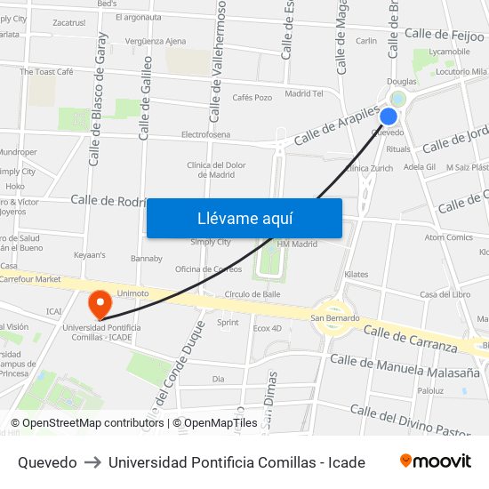 Quevedo to Universidad Pontificia Comillas - Icade map