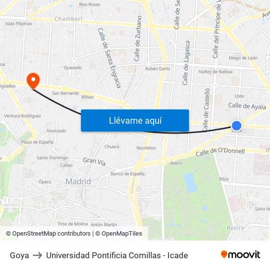 Goya to Universidad Pontificia Comillas - Icade map