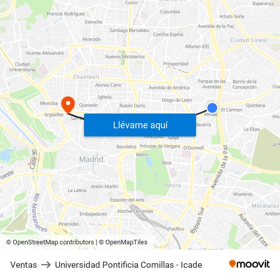 Ventas to Universidad Pontificia Comillas - Icade map