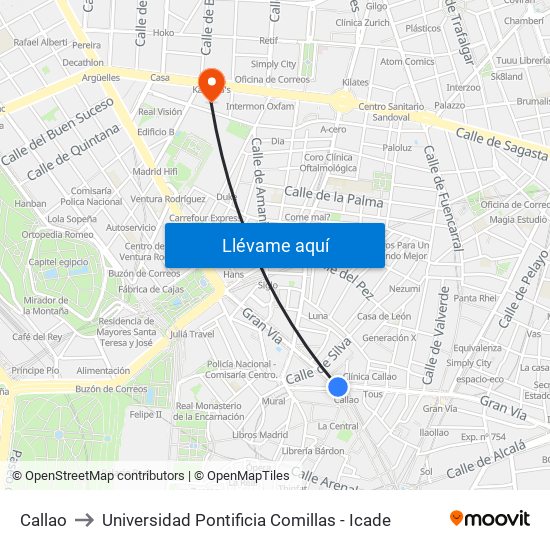 Callao to Universidad Pontificia Comillas - Icade map