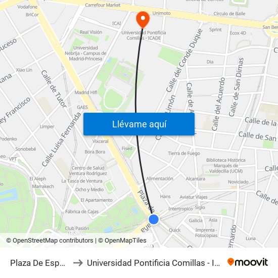 Plaza De España to Universidad Pontificia Comillas - Icade map