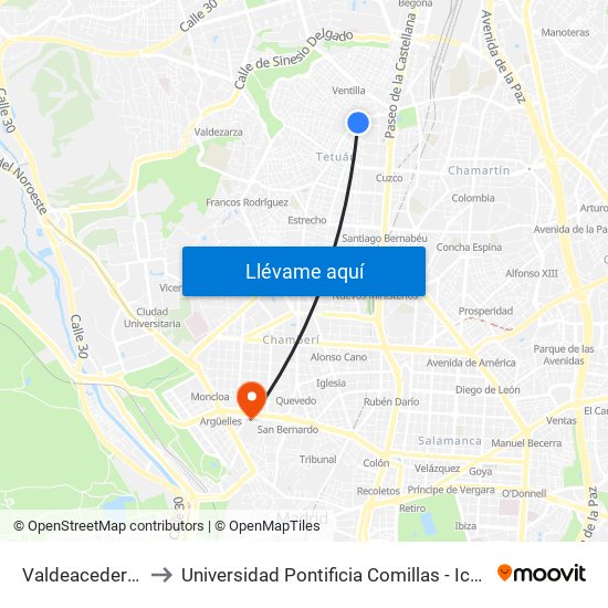 Valdeacederas to Universidad Pontificia Comillas - Icade map
