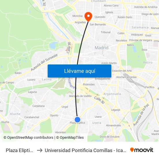 Plaza Elíptica to Universidad Pontificia Comillas - Icade map