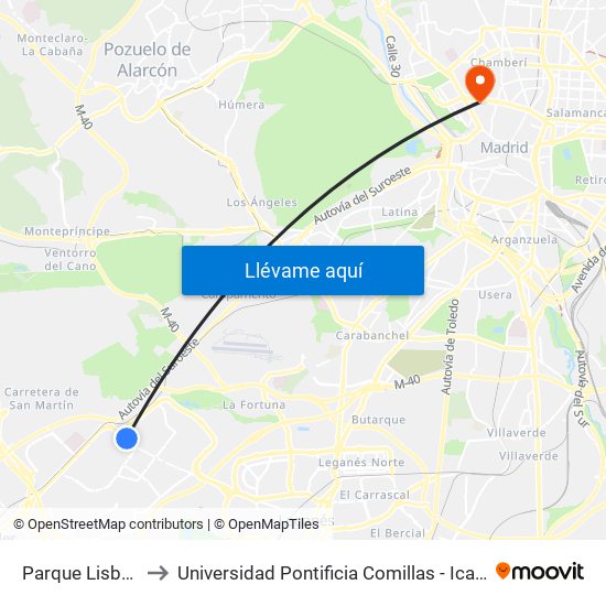 Parque Lisboa to Universidad Pontificia Comillas - Icade map