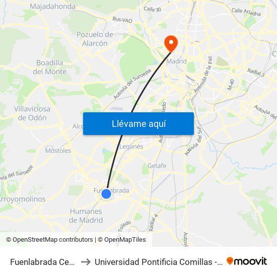 Fuenlabrada Central to Universidad Pontificia Comillas - Icade map