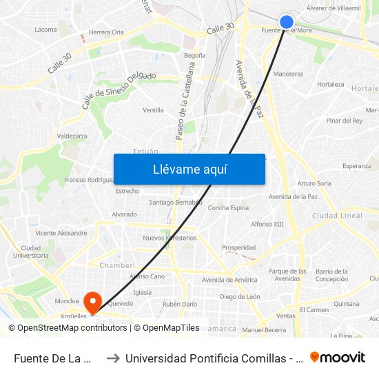 Fuente De La Mora to Universidad Pontificia Comillas - Icade map