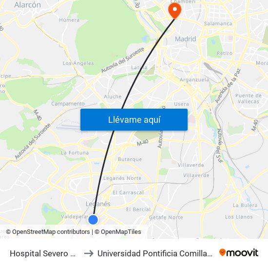 Hospital Severo Ochoa to Universidad Pontificia Comillas - Icade map