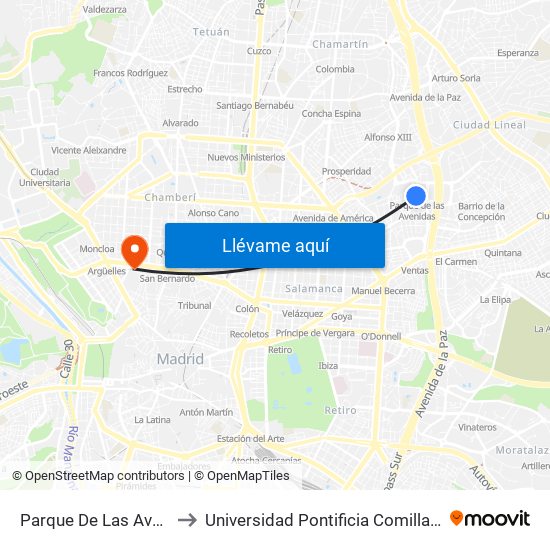 Parque De Las Avenidas to Universidad Pontificia Comillas - Icade map