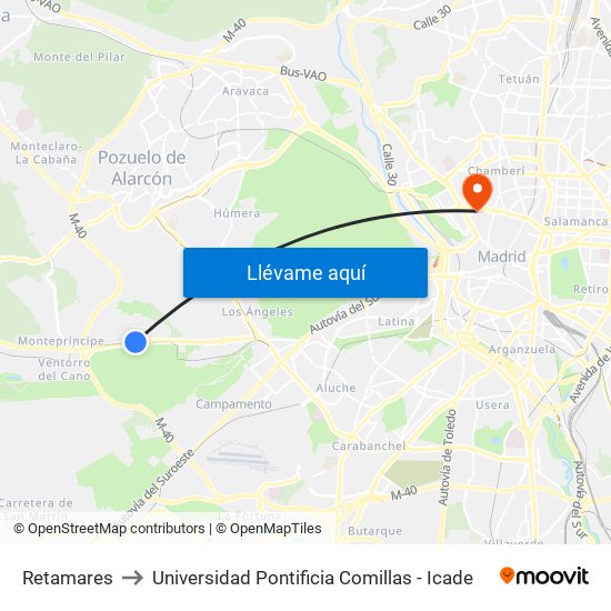 Retamares to Universidad Pontificia Comillas - Icade map