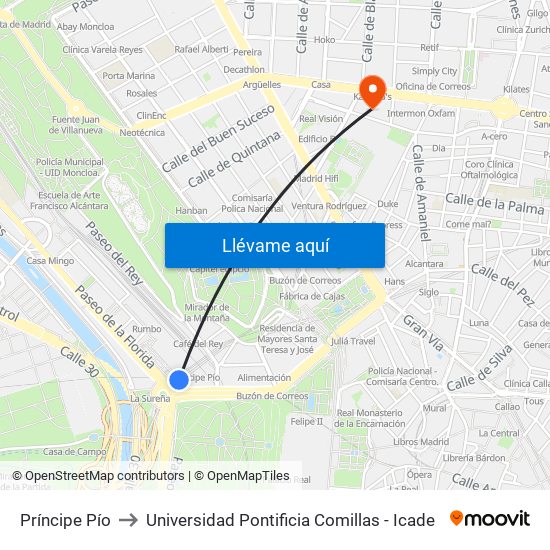 Príncipe Pío to Universidad Pontificia Comillas - Icade map