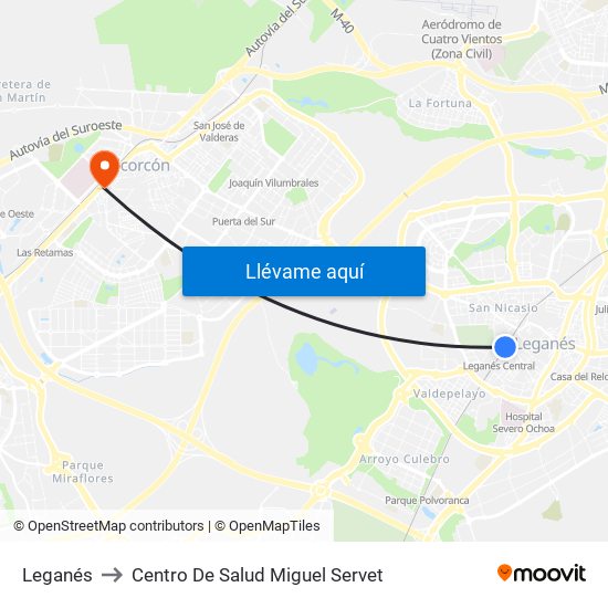 Leganés to Centro De Salud Miguel Servet map