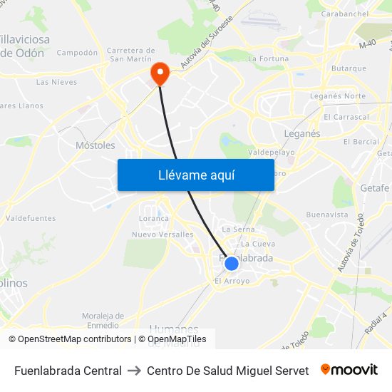 Fuenlabrada Central to Centro De Salud Miguel Servet map