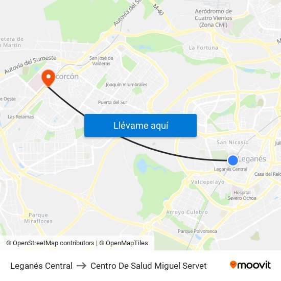 Leganés Central to Centro De Salud Miguel Servet map