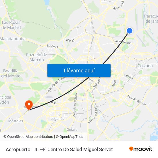 Aeropuerto T4 to Centro De Salud Miguel Servet map