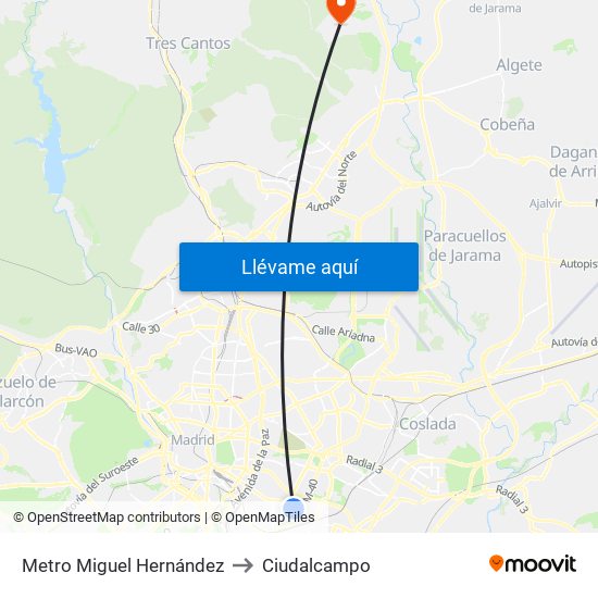 Metro Miguel Hernández to Ciudalcampo map