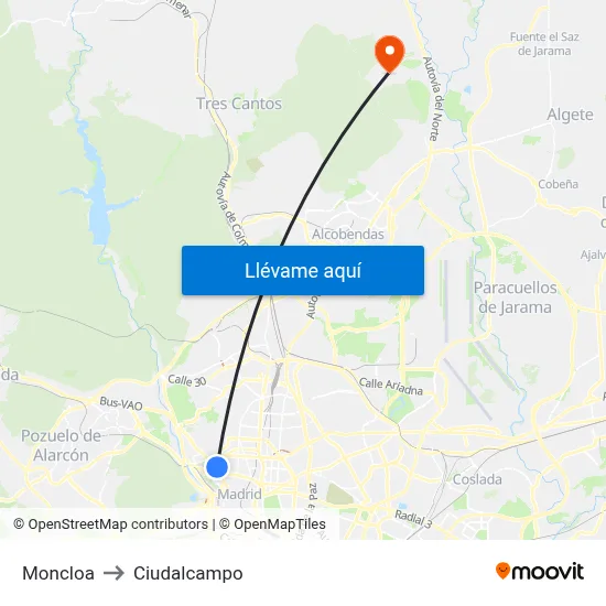 Moncloa to Ciudalcampo map