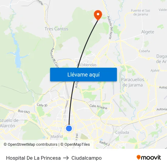 Hospital De La Princesa to Ciudalcampo map