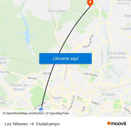 Los Yébenes to Ciudalcampo map