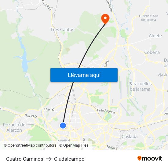 Cuatro Caminos to Ciudalcampo map