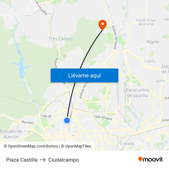 Plaza Castilla to Ciudalcampo map