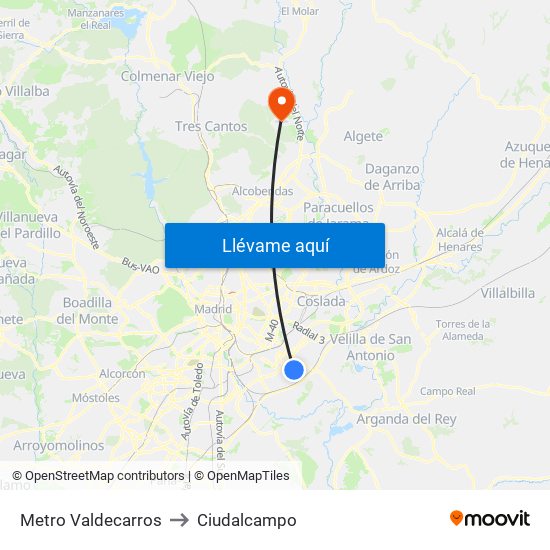 Metro Valdecarros to Ciudalcampo map