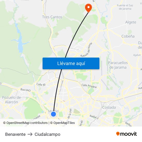 Benavente to Ciudalcampo map