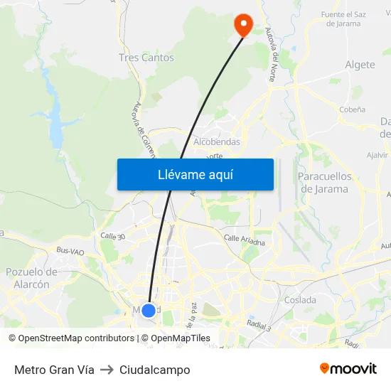 Metro Gran Vía to Ciudalcampo map