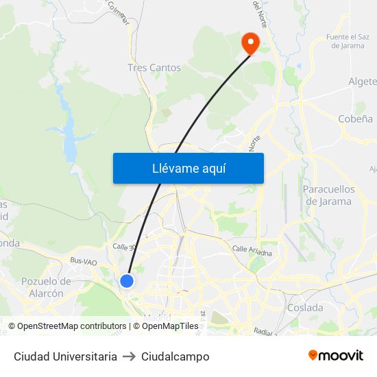 Ciudad Universitaria to Ciudalcampo map