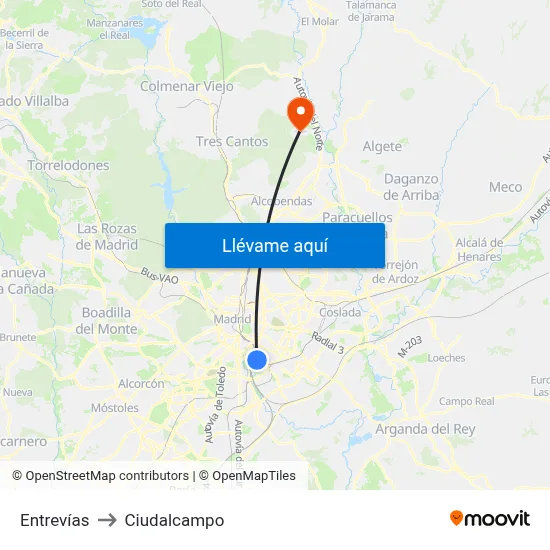 Entrevías to Ciudalcampo map