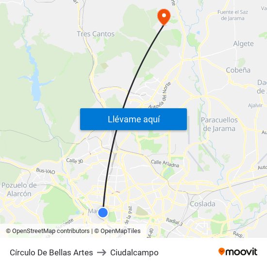 Círculo De Bellas Artes to Ciudalcampo map